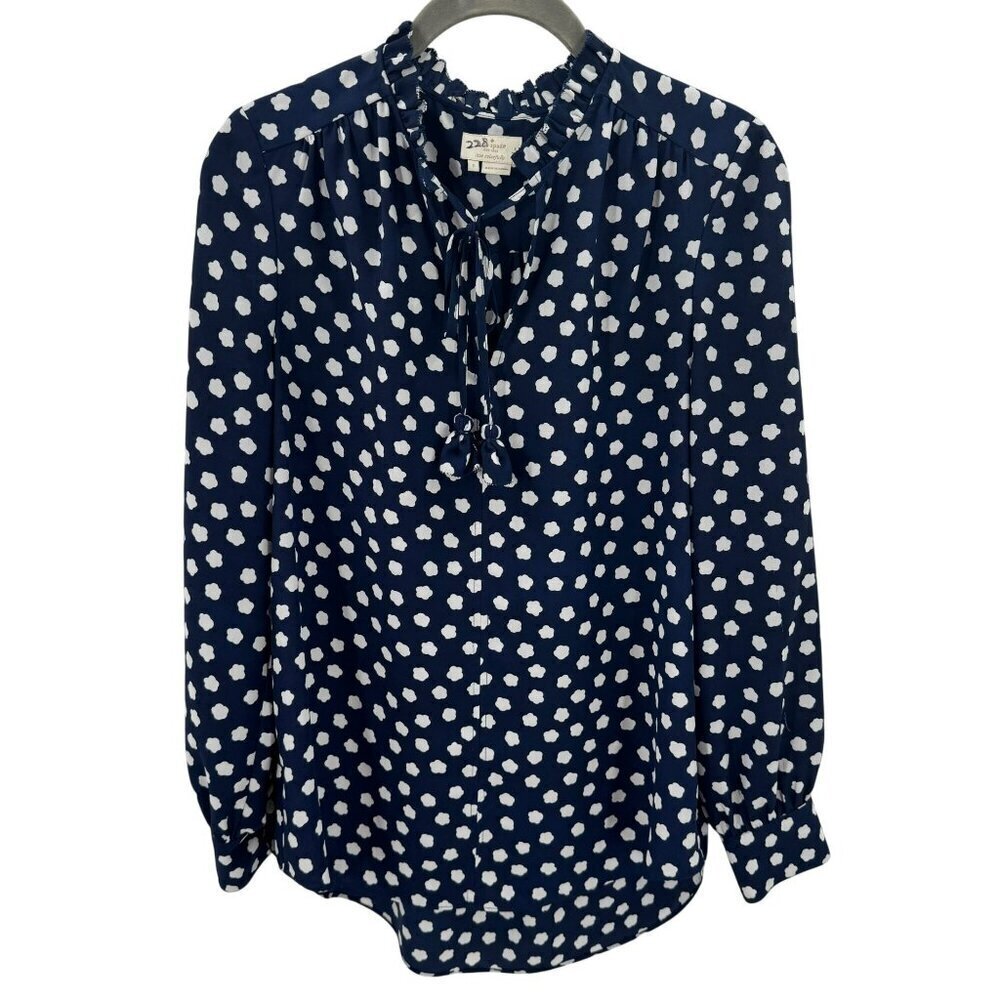 Kate Spade Ruffle Cloud Dot Tie Front Blouse Navy/White Womens Size S